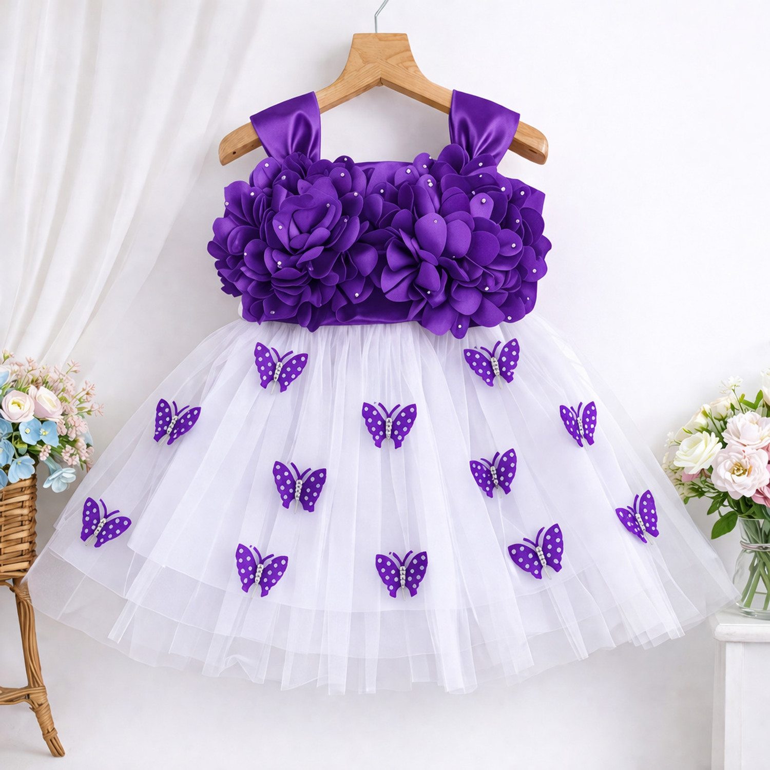 Image of A Kasis Dresses Girls Below Knee Festive /Wedding Dress (White, Green, Short Sleeve)