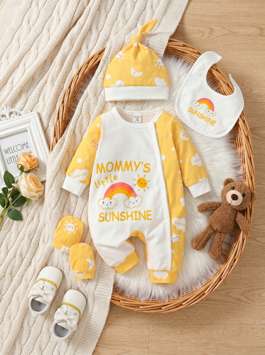 Image of noorclothing Romper For Baby Boys & Baby Girls Casual Printed Cotton Blend (Yellow, Pack of 1)