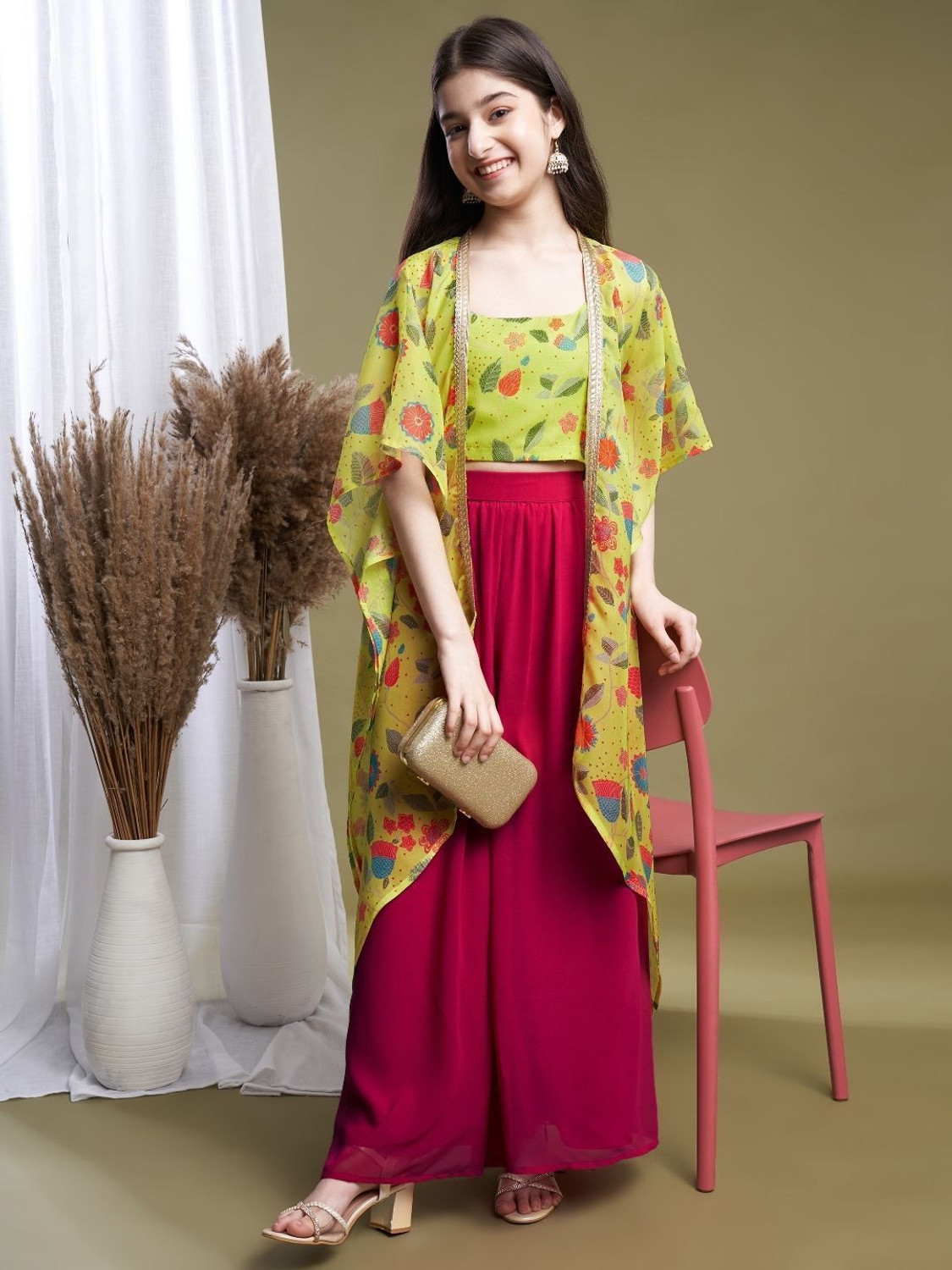 Image of Curly Tales Girls Festive & Party Ethnic Jacket, Blouse and Palazzo Set (Multicolor Pack of 1)
