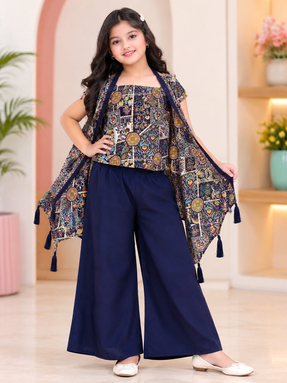 Image of Gunatit Girls Festive & Party Ethnic Jacket, Blouse and Palazzo Set (Multicolor Pack of 1)