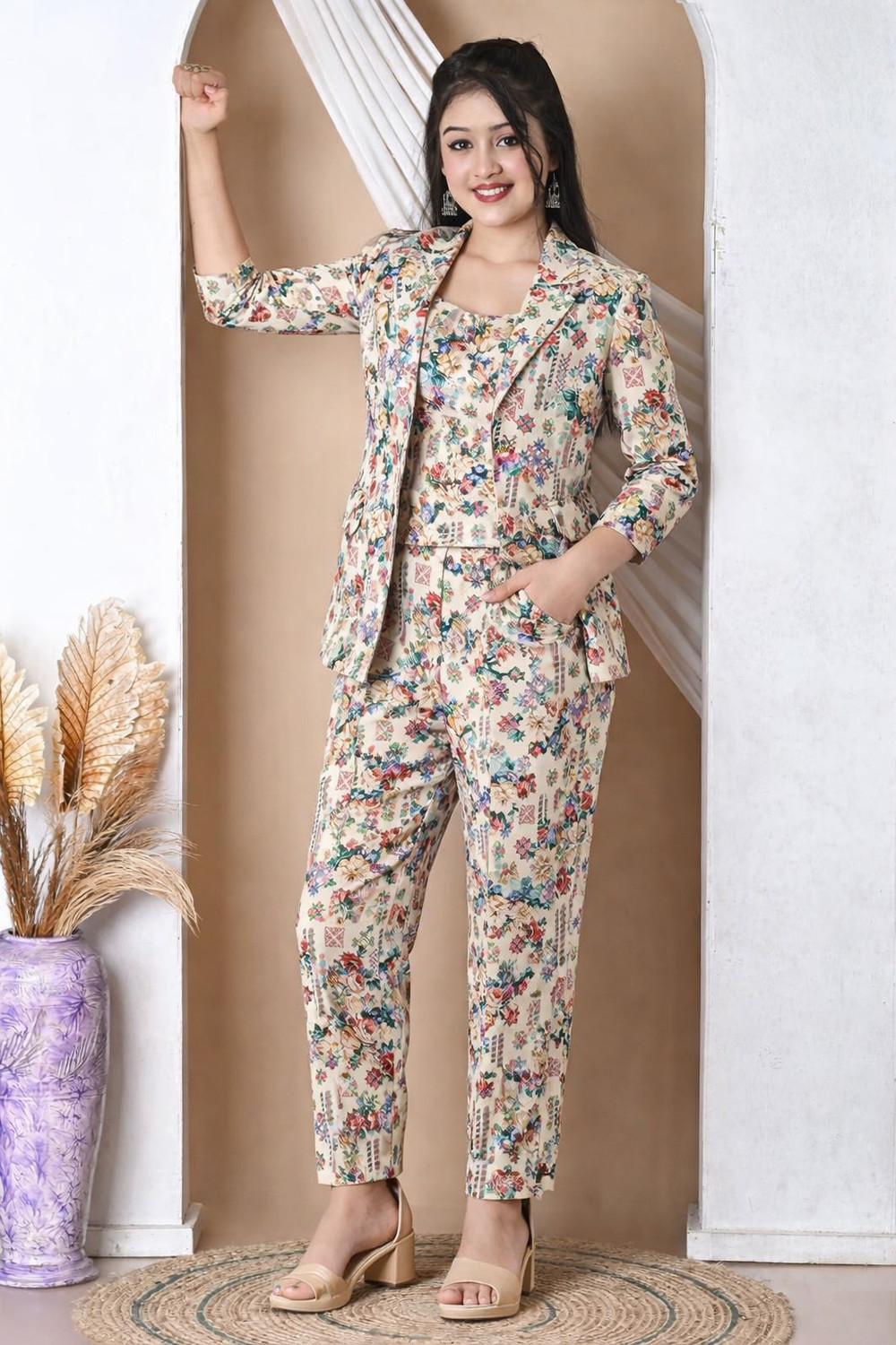 Image of Gunatit Girls Festive & Party Ethnic Jacket, Blouse and Palazzo Set (Multicolor Pack of 1)