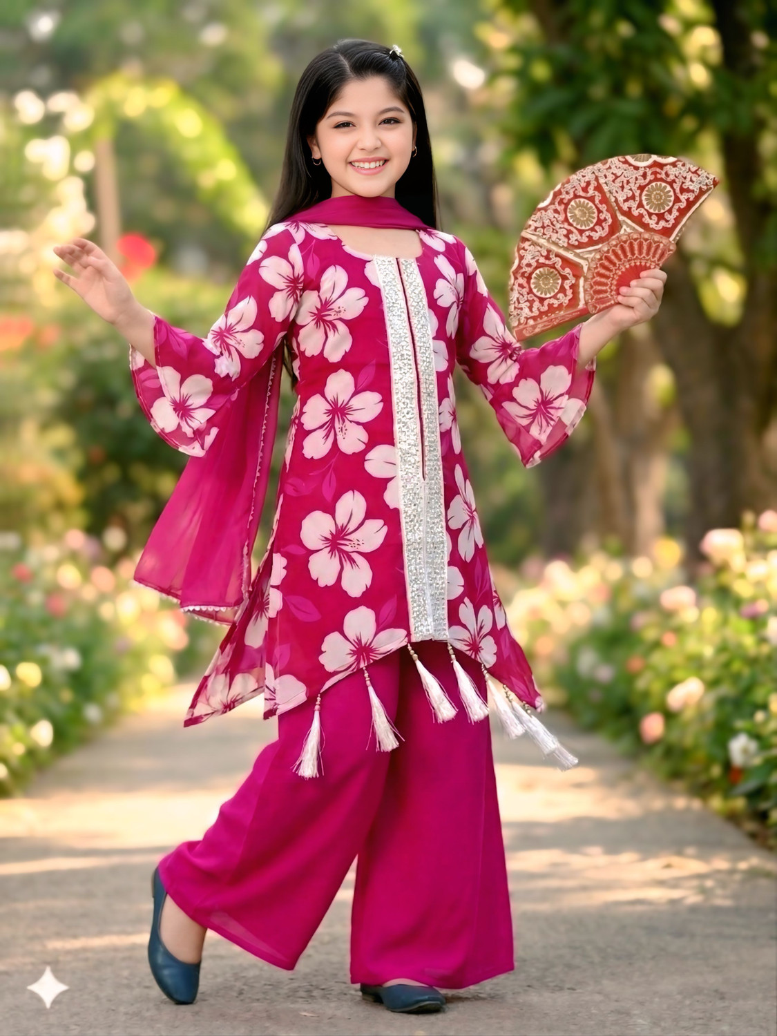 Image of Curly Tales Girls Festive & Party Ethnic Jacket, Blouse and Palazzo Set (Multicolor Pack of 1)