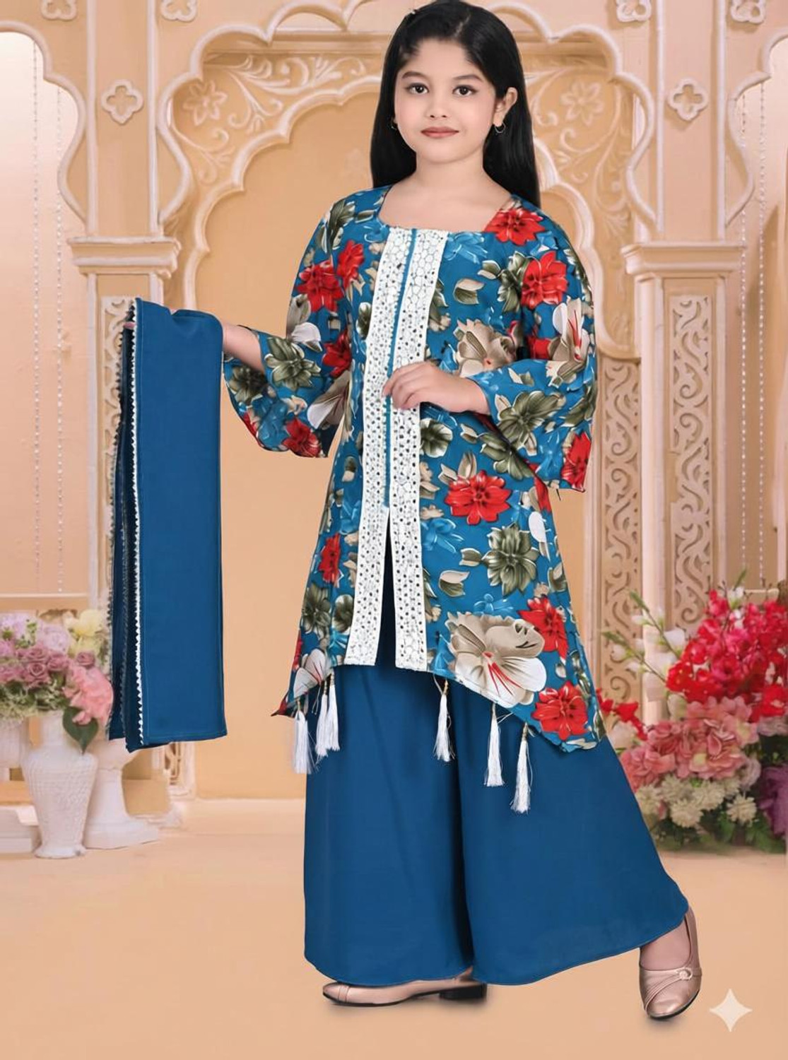 Image of Curly Tales Girls Festive & Party Ethnic Jacket, Blouse and Palazzo Set (Multicolor Pack of 1)