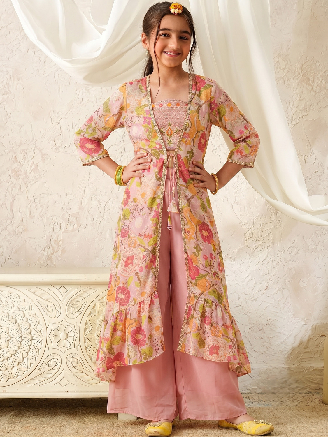 Image of Curly Tales Girls Festive & Party Ethnic Jacket, Blouse and Palazzo Set (Multicolor Pack of 1)