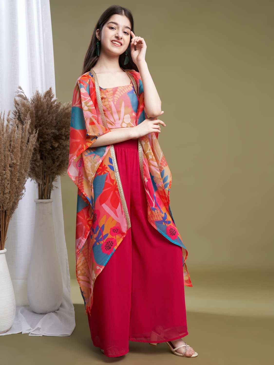 Image of Curly Tales Girls Festive & Party Ethnic Jacket, Blouse and Palazzo Set (Multicolor Pack of 1)