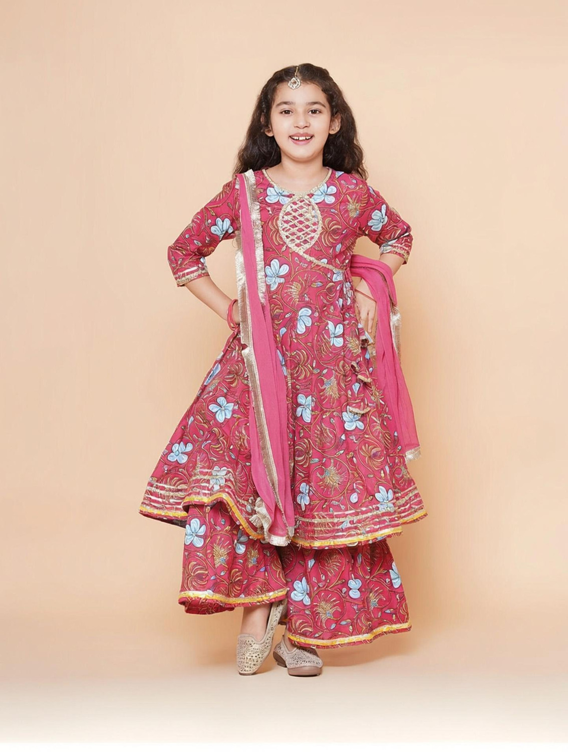 Image of Gunatit Girls Festive & Party Ethnic Jacket, Blouse and Palazzo Set (Multicolor Pack of 1)