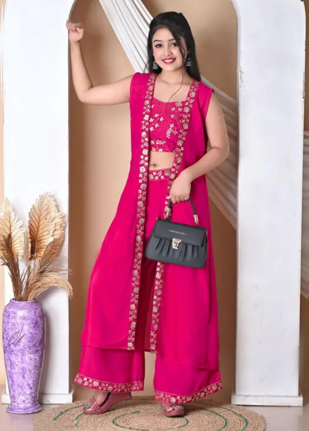 Image of Gunatit Girls Festive & Party Ethnic Jacket, Blouse and Palazzo Set (Multicolor Pack of 1)