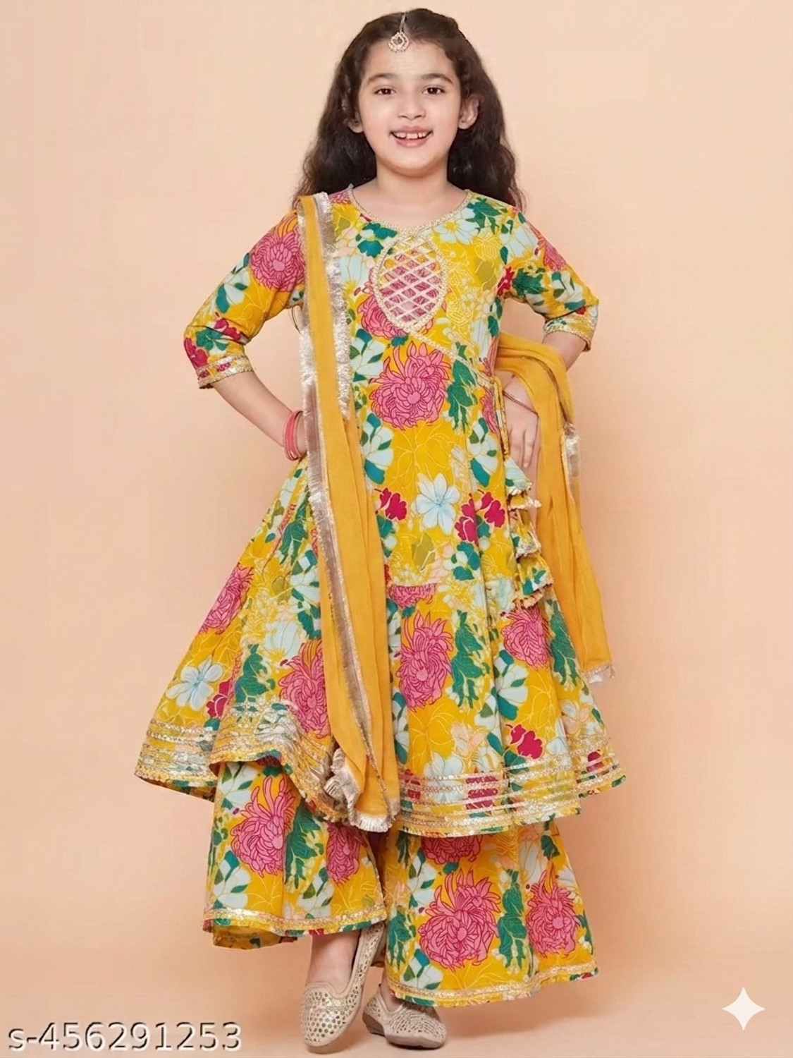 Image of Gunatit Girls Festive & Party Ethnic Jacket, Blouse and Palazzo Set (Multicolor Pack of 1)