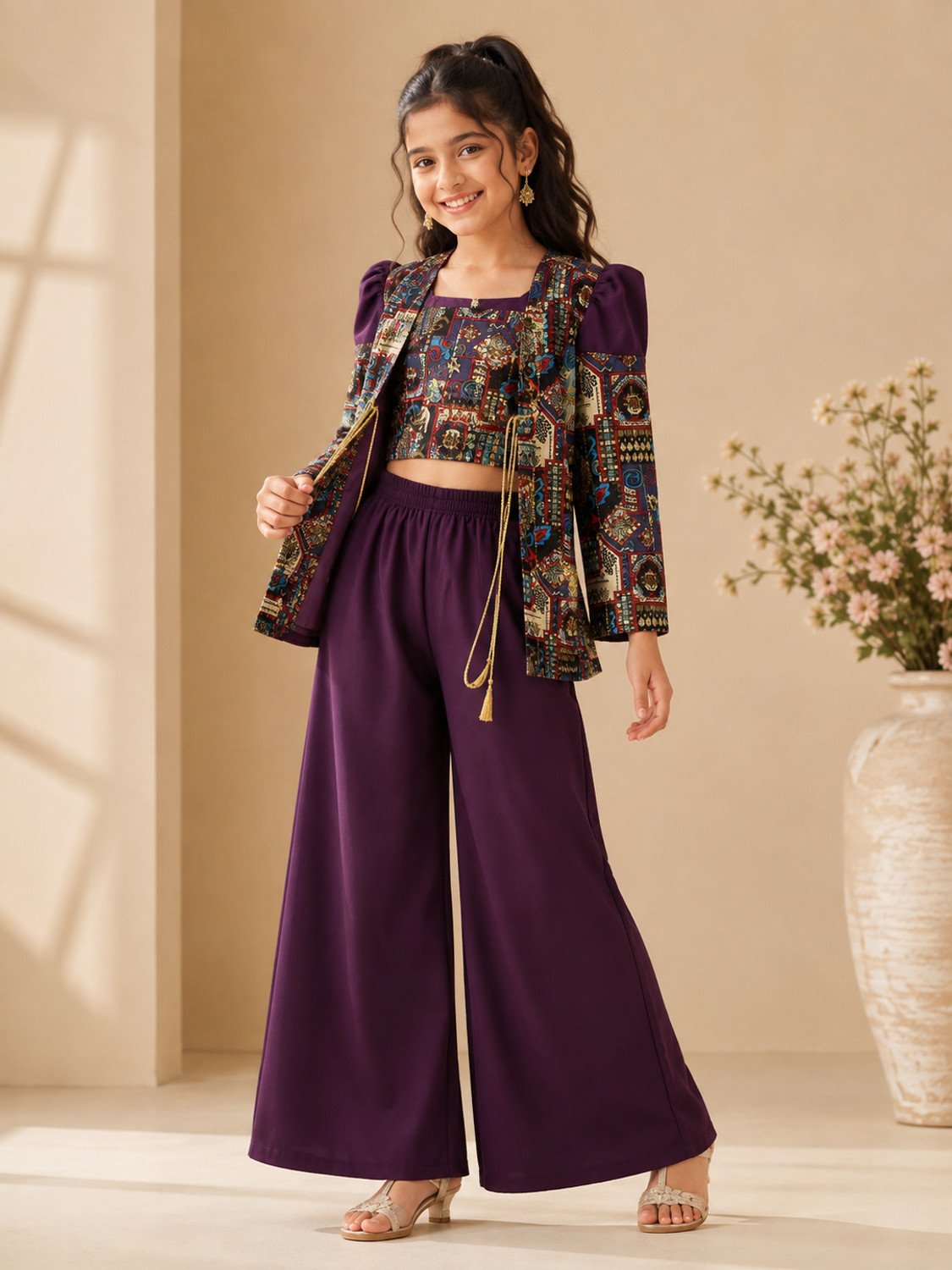 Image of Curly Tales Girls Festive & Party Ethnic Jacket, Blouse and Palazzo Set (Multicolor Pack of 1)