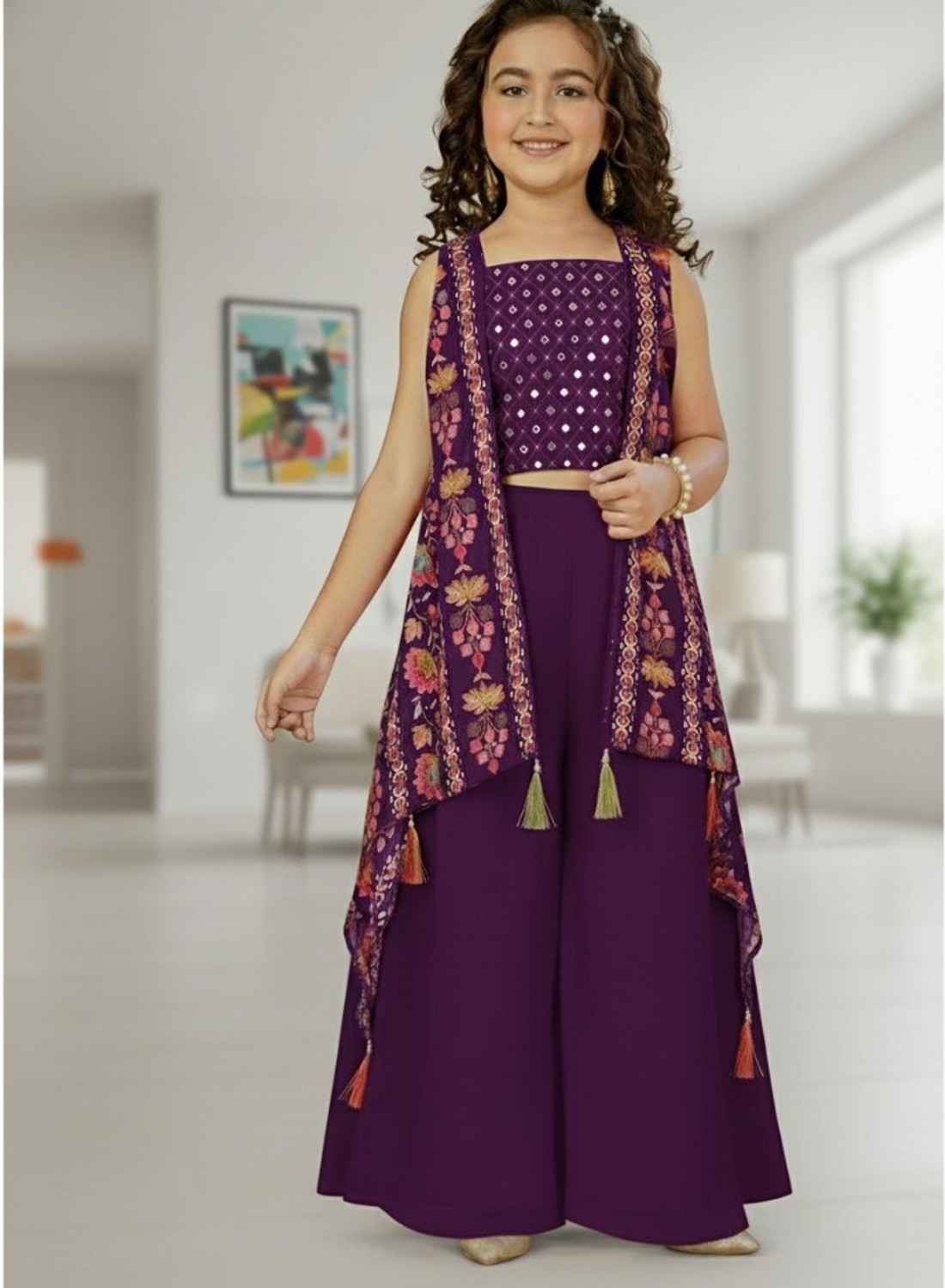 Image of Gunatit Girls Festive & Party Ethnic Jacket, Blouse and Palazzo Set (Multicolor Pack of 1)