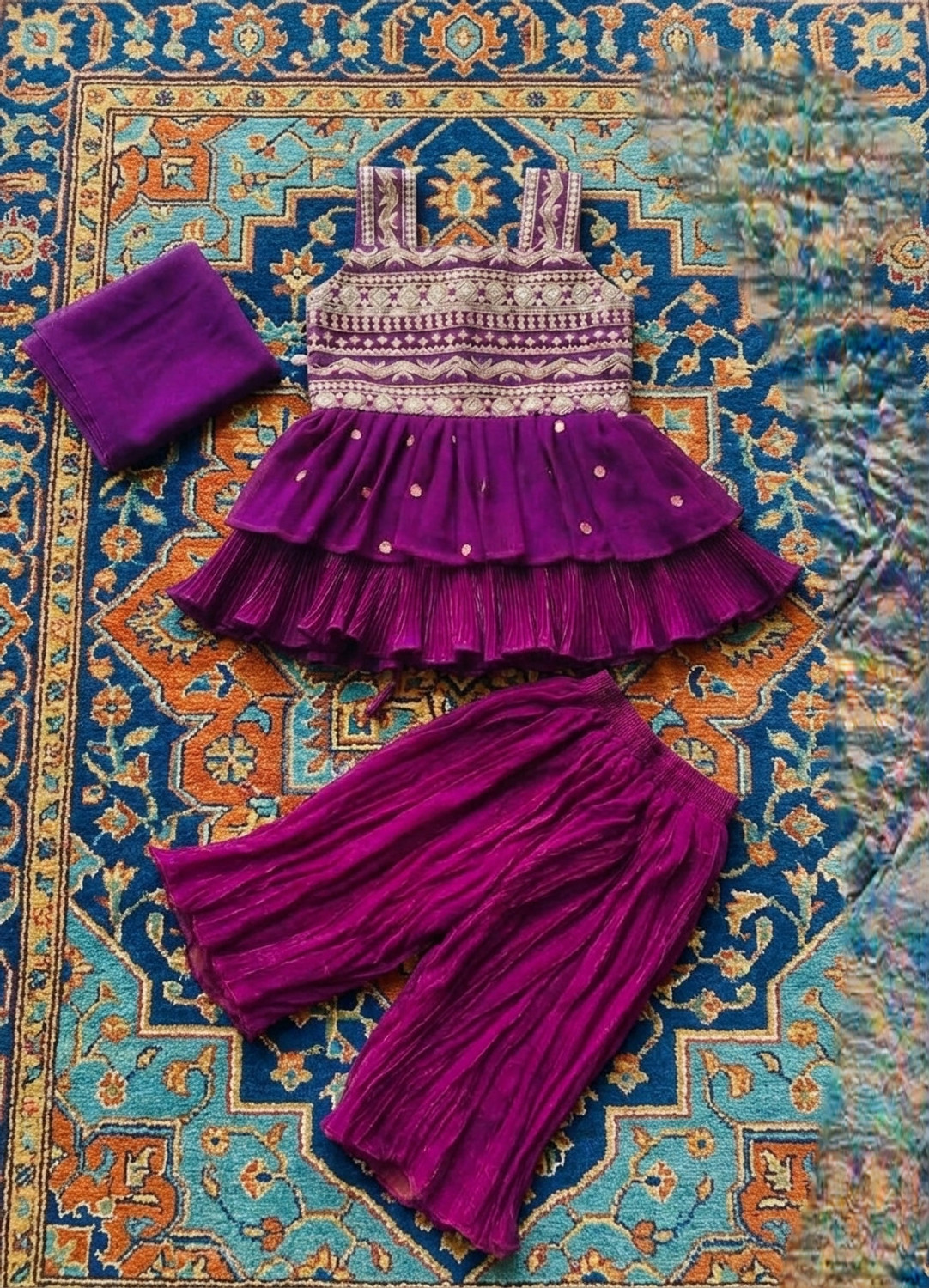 Image of Curly Tales Girls Festive & Party Ethnic Jacket, Blouse and Palazzo Set (Multicolor Pack of 1)