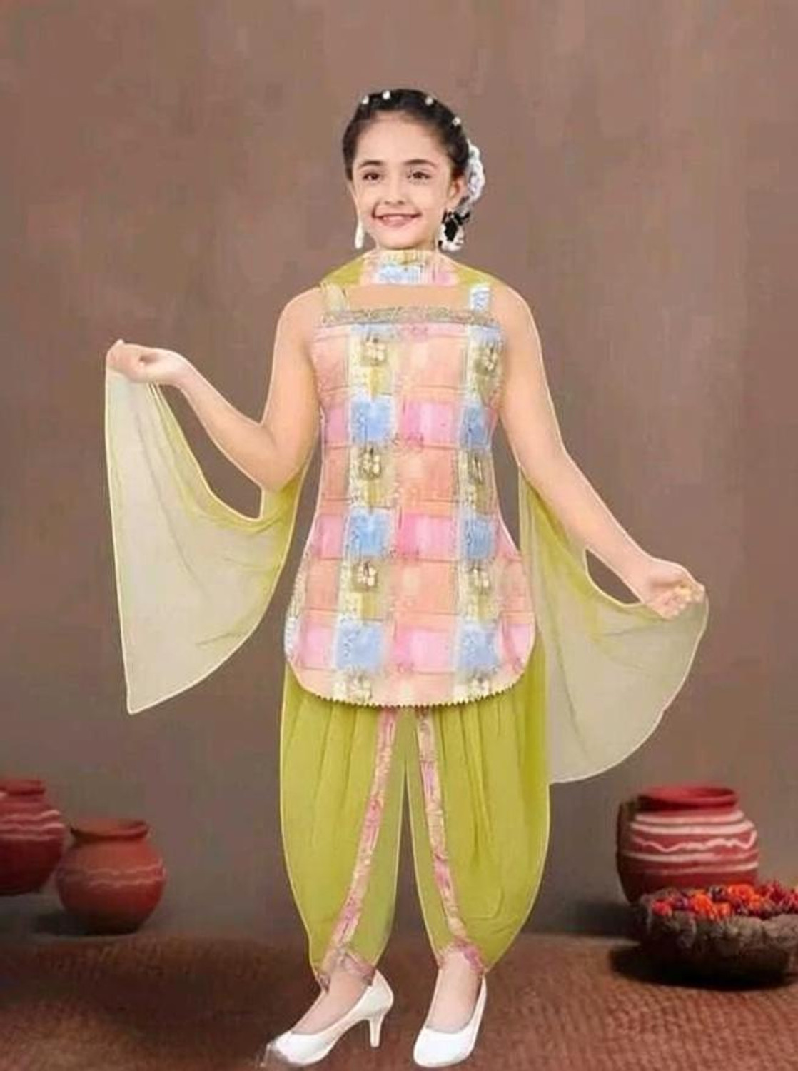 Image of Gunatit Girls Festive & Party Ethnic Jacket, Blouse and Palazzo Set (Multicolor Pack of 1)