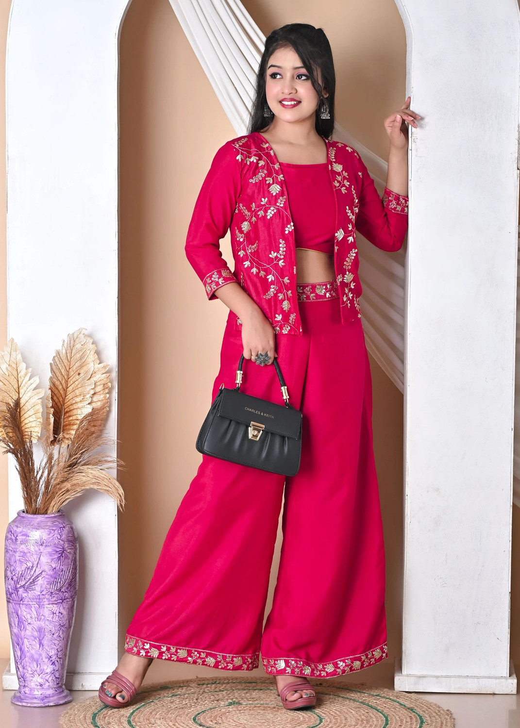 Image of Curly Tales Girls Festive & Party Ethnic Jacket, Blouse and Palazzo Set (Multicolor Pack of 1)