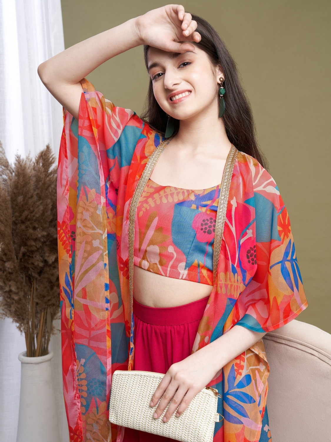 Image of Curly Tales Girls Festive & Party Ethnic Jacket, Blouse and Palazzo Set (Multicolor Pack of 1)