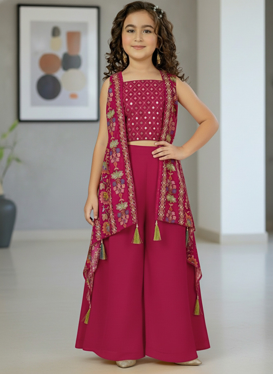Image of Curly Tales Girls Festive & Party Ethnic Jacket, Blouse and Palazzo Set (Multicolor Pack of 1)