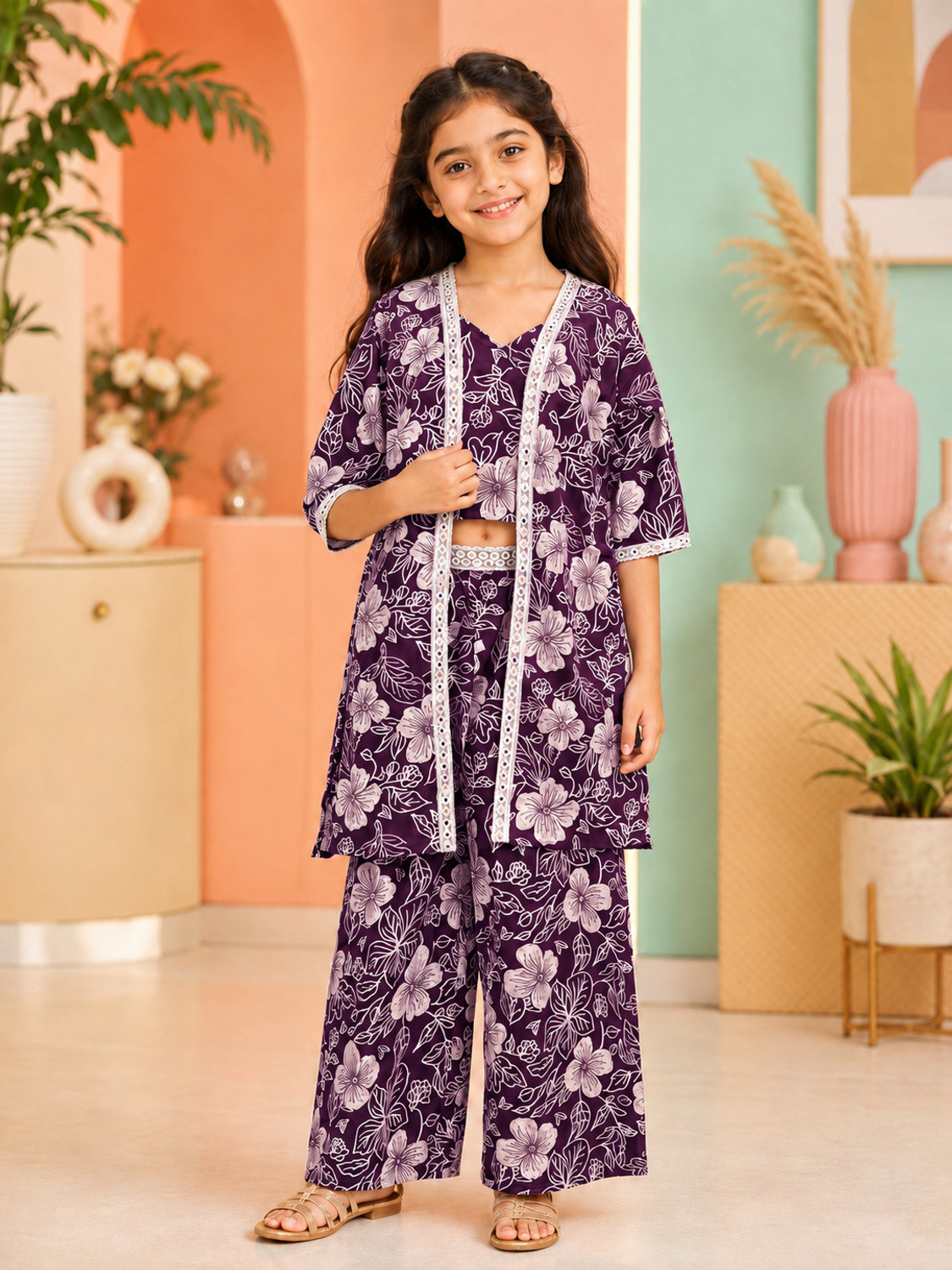 Image of Curly Tales Girls Festive & Party Ethnic Jacket, Blouse and Palazzo Set (Multicolor Pack of 1)