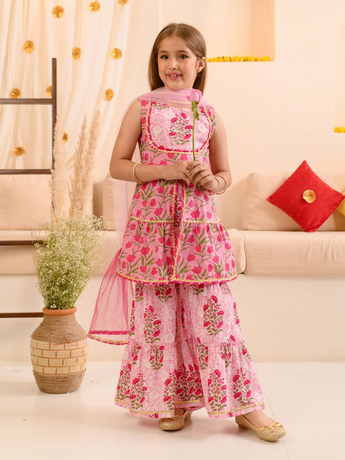 Image of Curly Tales Girls Festive & Party Ethnic Jacket, Blouse and Palazzo Set (Multicolor Pack of 1)