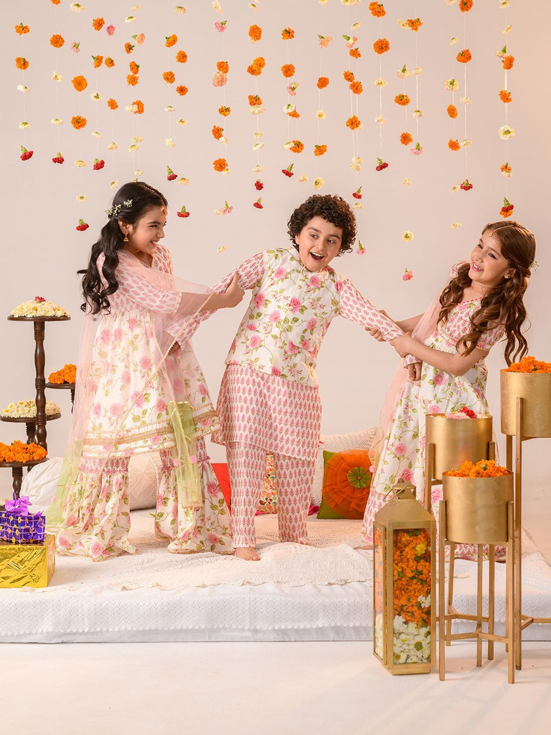Image of Curly Tales Girls Festive & Party Ethnic Jacket, Blouse and Palazzo Set (Multicolor Pack of 1)