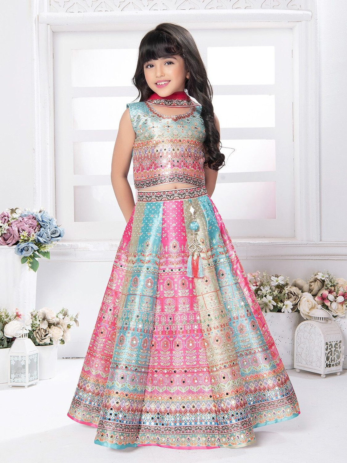Image of NTURVA Girls Lehenga Choli Party Wear Embellished Lehenga, Choli and Dupatta Set (Multicolor, Pack of 1)