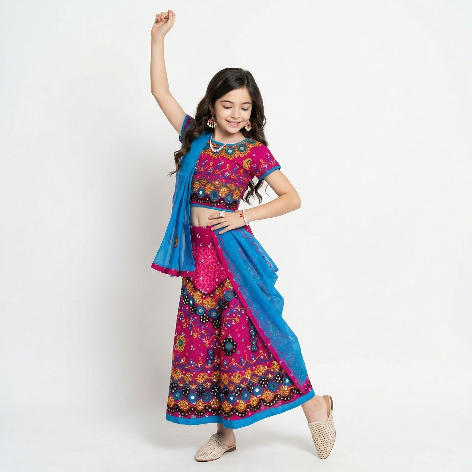 Image of NTURVA Girls Lehenga Choli Party Wear Embellished Lehenga, Choli and Dupatta Set (Multicolor, Pack of 1)