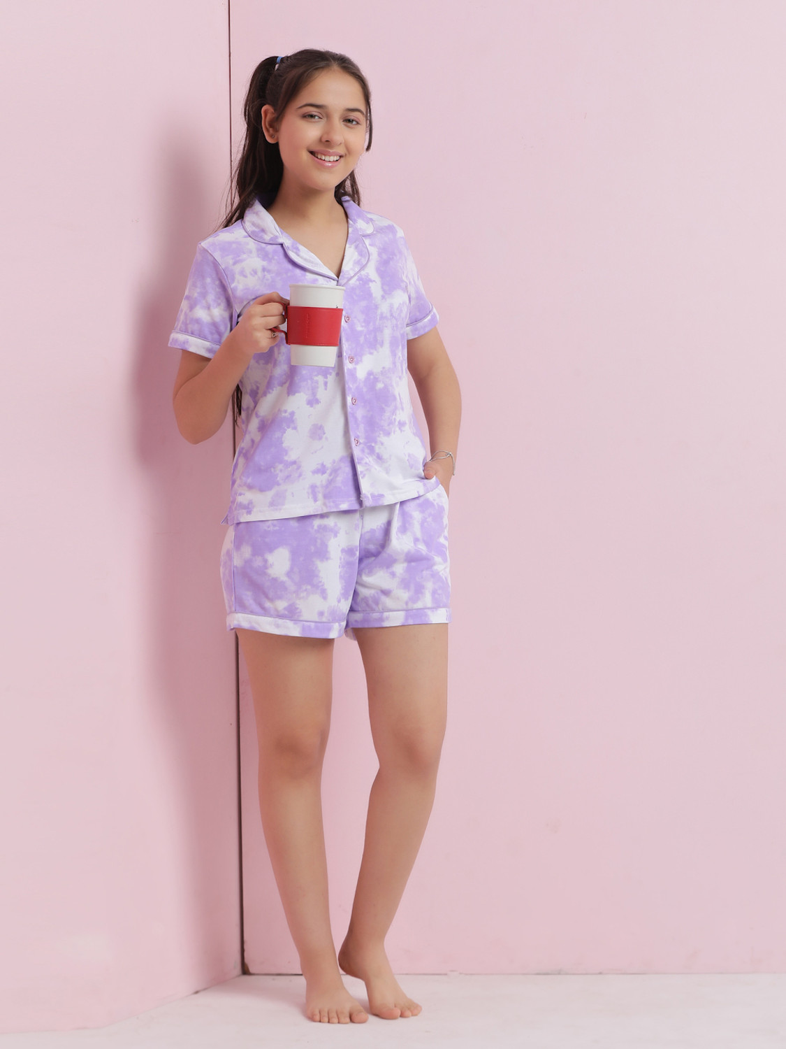 Image of li'l tomatoes Girls Tie - Dye Cotton Kids Nightwear (Purple Pack of 1)