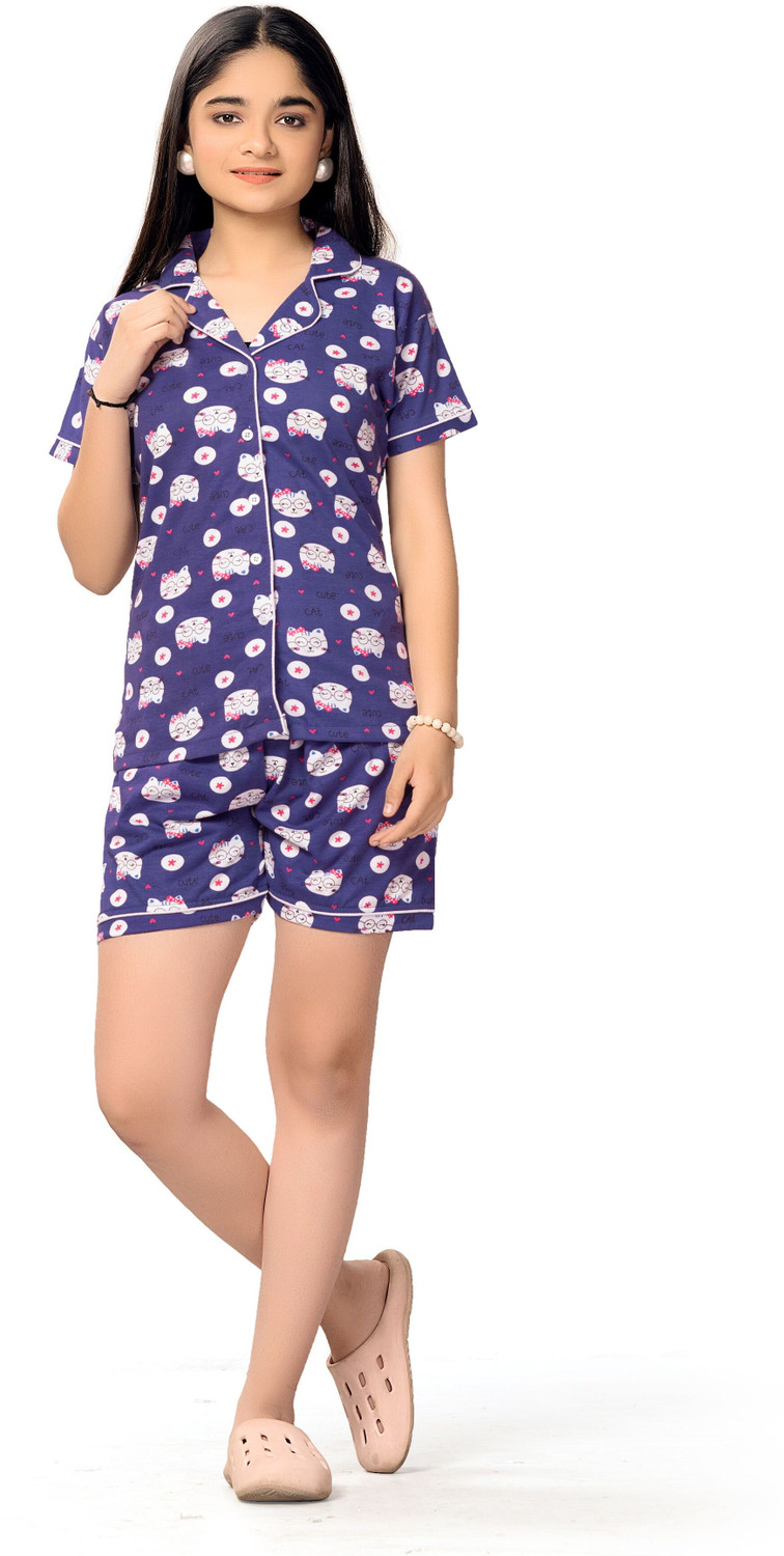 Image of Bloem Girls Printed Cotton Kids Nightwear (Multicolor Pack of 1)