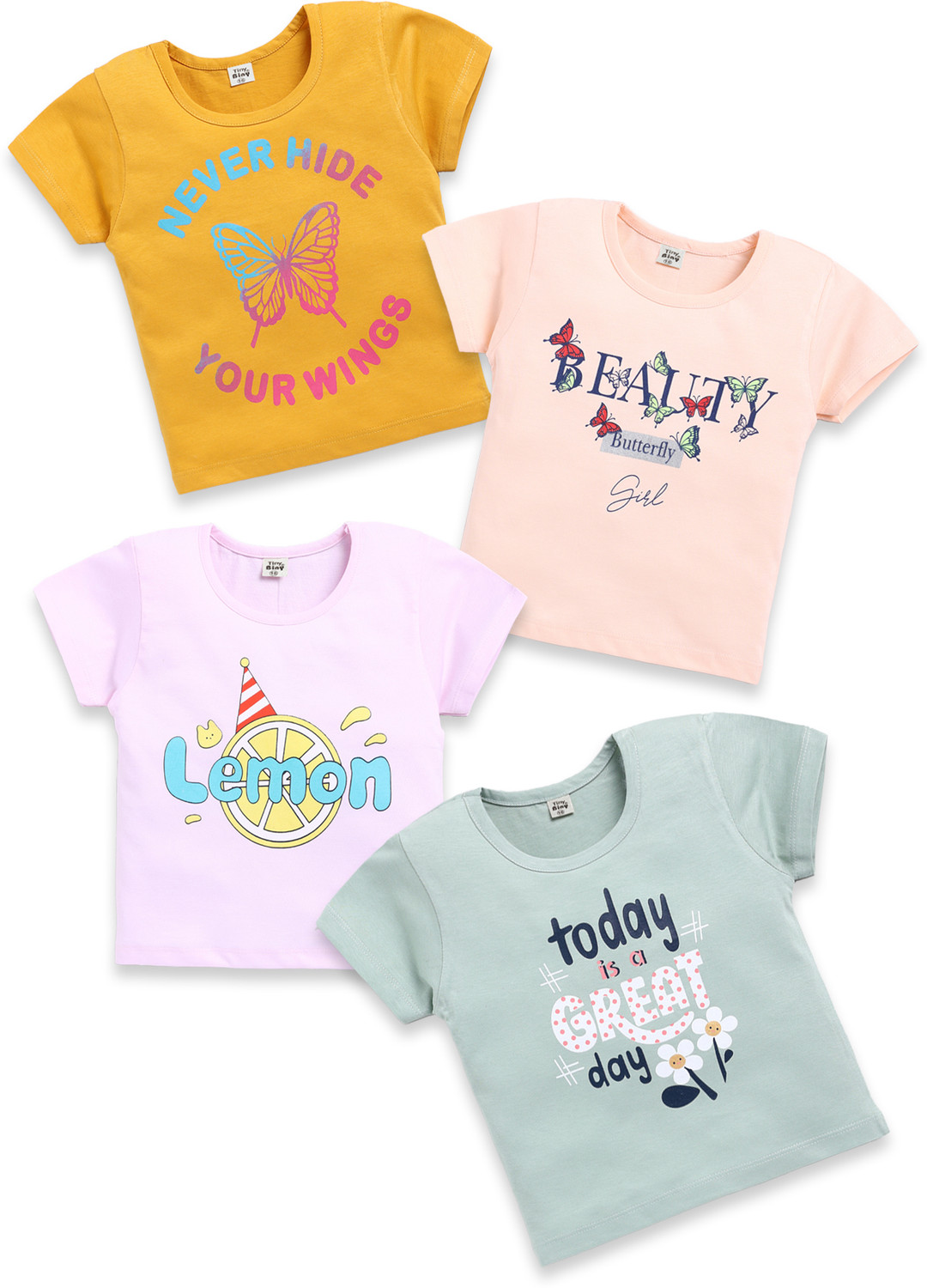 Image of TINY BINY Girls Printed Pure Cotton Regular T Shirt (Multicolor, Pack of 4)