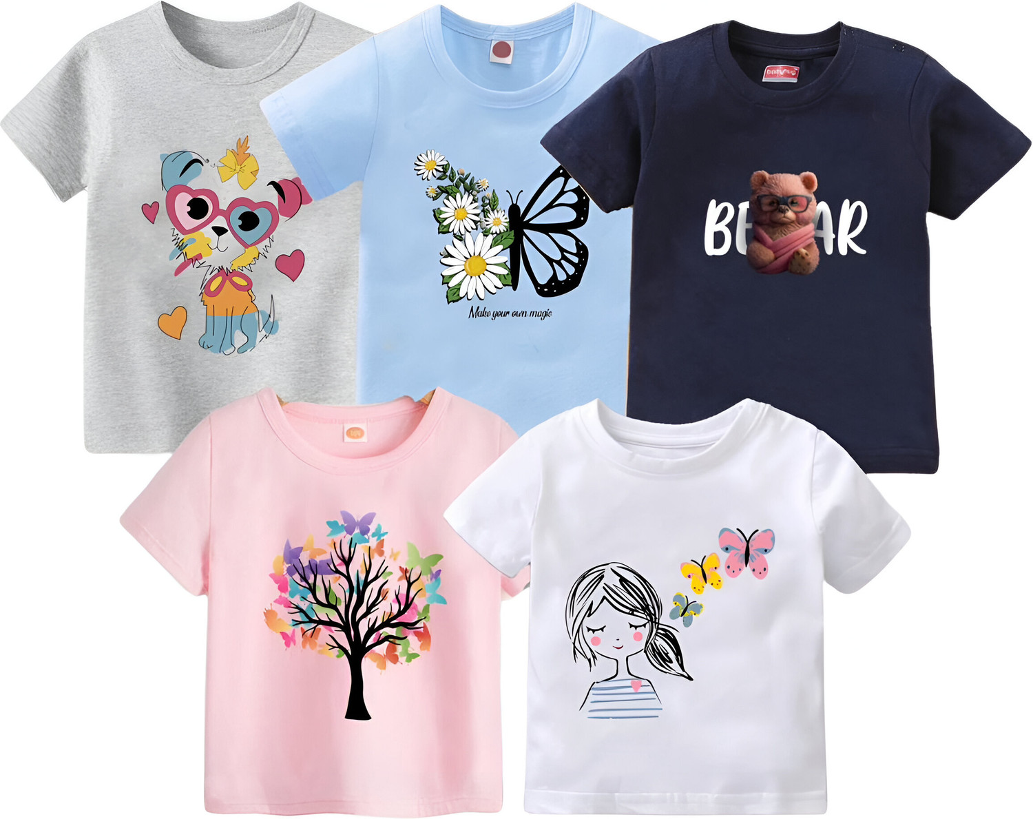 Image of TINY BINY Girls Printed Pure Cotton Regular T Shirt (Multicolor, Pack of 4)