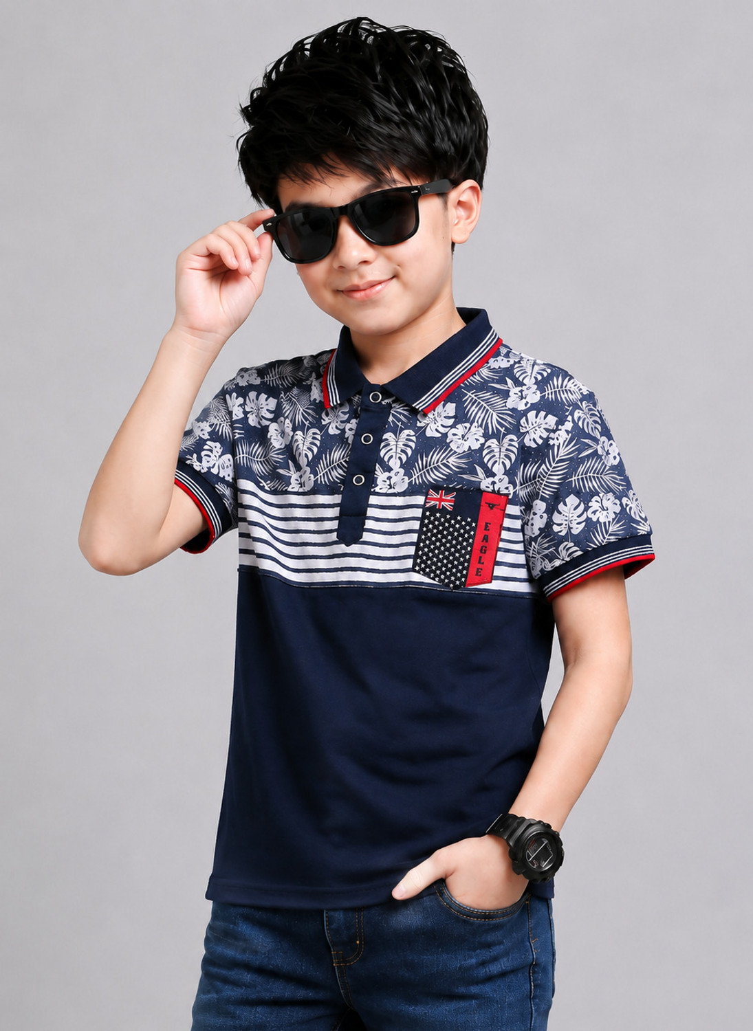 Image of Try This Boys Colorblock Cotton Blend Regular T Shirt (Black, Dark Blue, Pack of 1)
