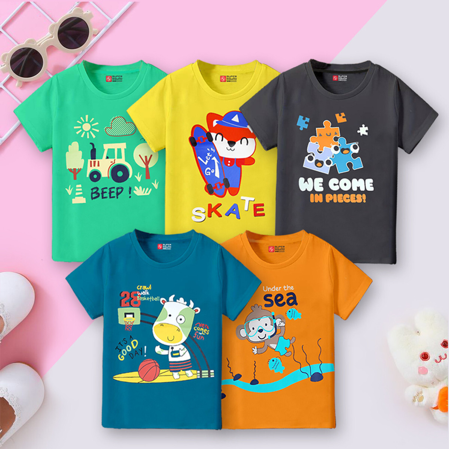 Image of TINY BINY Girls Printed Pure Cotton Regular T Shirt (Multicolor, Pack of 4)