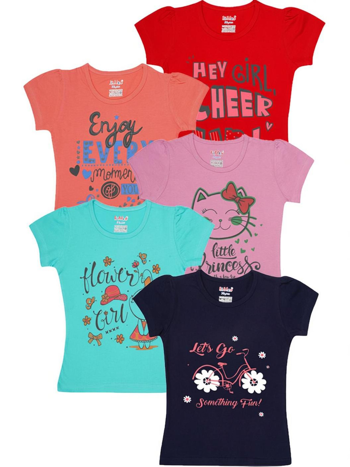 Image of TINY BINY Girls Printed Pure Cotton Regular T Shirt (Multicolor, Pack of 4)