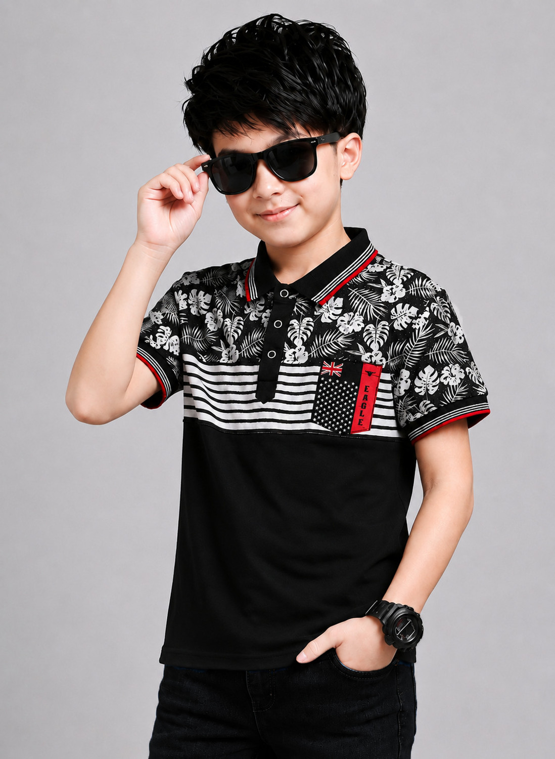 Image of Try This Boys Colorblock Cotton Blend Regular T Shirt (Black, Dark Blue, Pack of 1)
