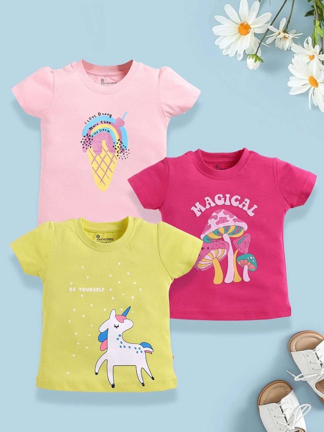 Image of TINY BINY Girls Printed Pure Cotton Regular T Shirt (Multicolor, Pack of 4)