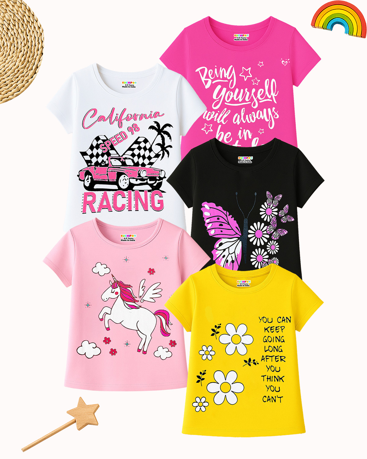 Image of Kuchipoo Girls Printed Cotton Blend Regular T Shirt (Multicolor, Pack of 5)