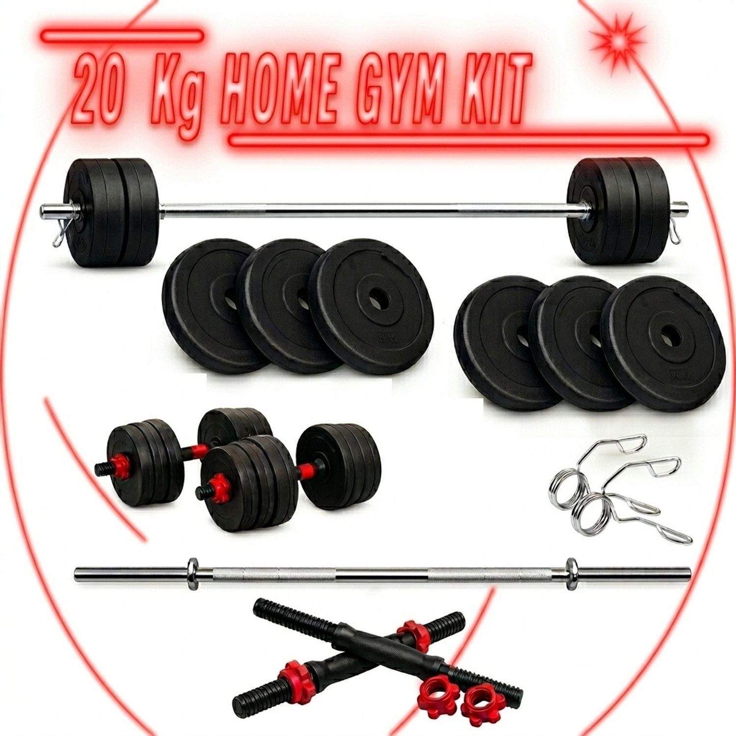 Image of PKN FIT 20KG Dumbbell Combo Kit with 3FT Rod, Skipping Rope & Gloves Fitness Accessory Kit Kit