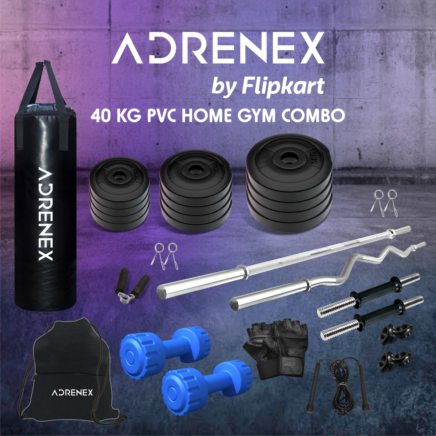 Image of Adrenex 40 Kg PVC Weight Plates with ONE Pair RODS Adjustable Dumbbell (40 kg)