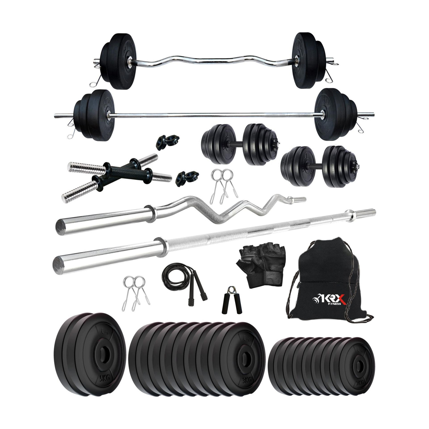 Image of STARX 32 kg Pure Rubber weight Plates with 5ft Straight Rod and Accessories Home Gym Combo