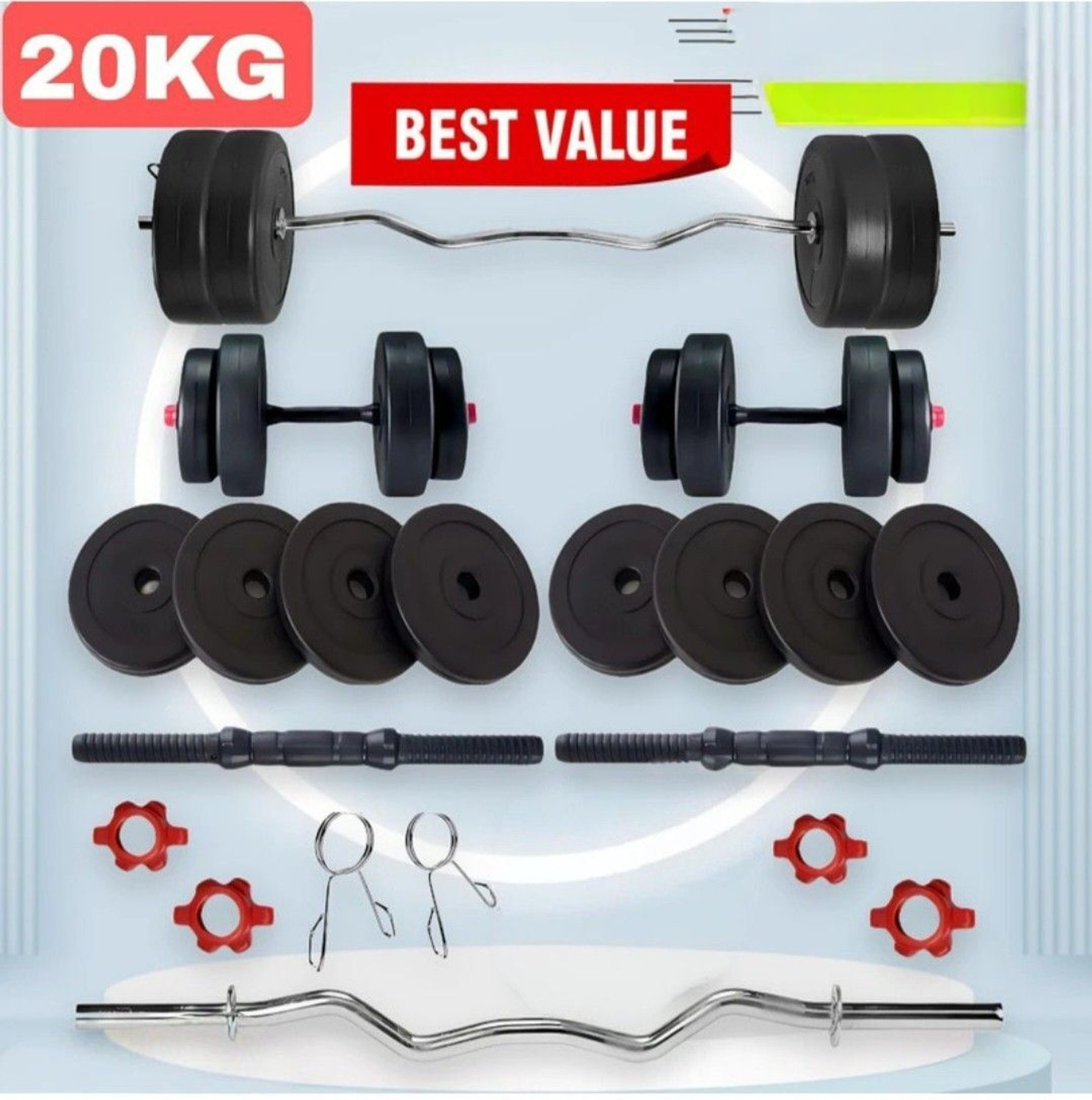 Image of POWER FITNESS 25 kg 20KG PVC Weight Set with Dumbbell Rods, 3ft CURL Rod & ACC Gym Gym & Fitness Kit Home Gym Combo