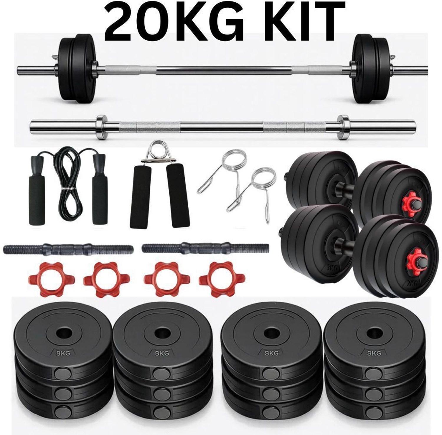 Image of PKN FIT 20KG Dumbbell Combo Kit with 3FT Rod, Skipping Rope & Gloves Fitness Accessory Kit Kit