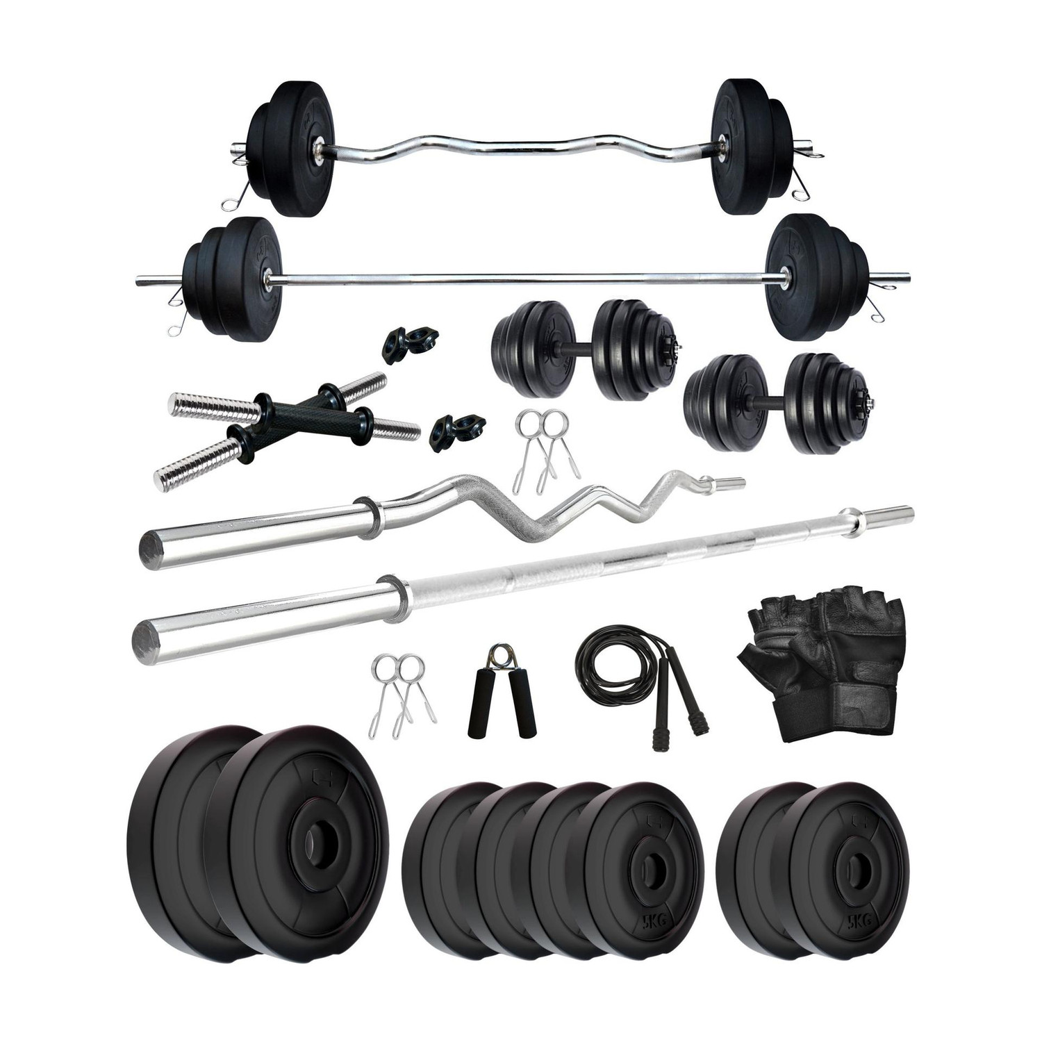 Image of STARX 32 kg Pure Rubber weight Plates with 5ft Straight Rod and Accessories Home Gym Combo
