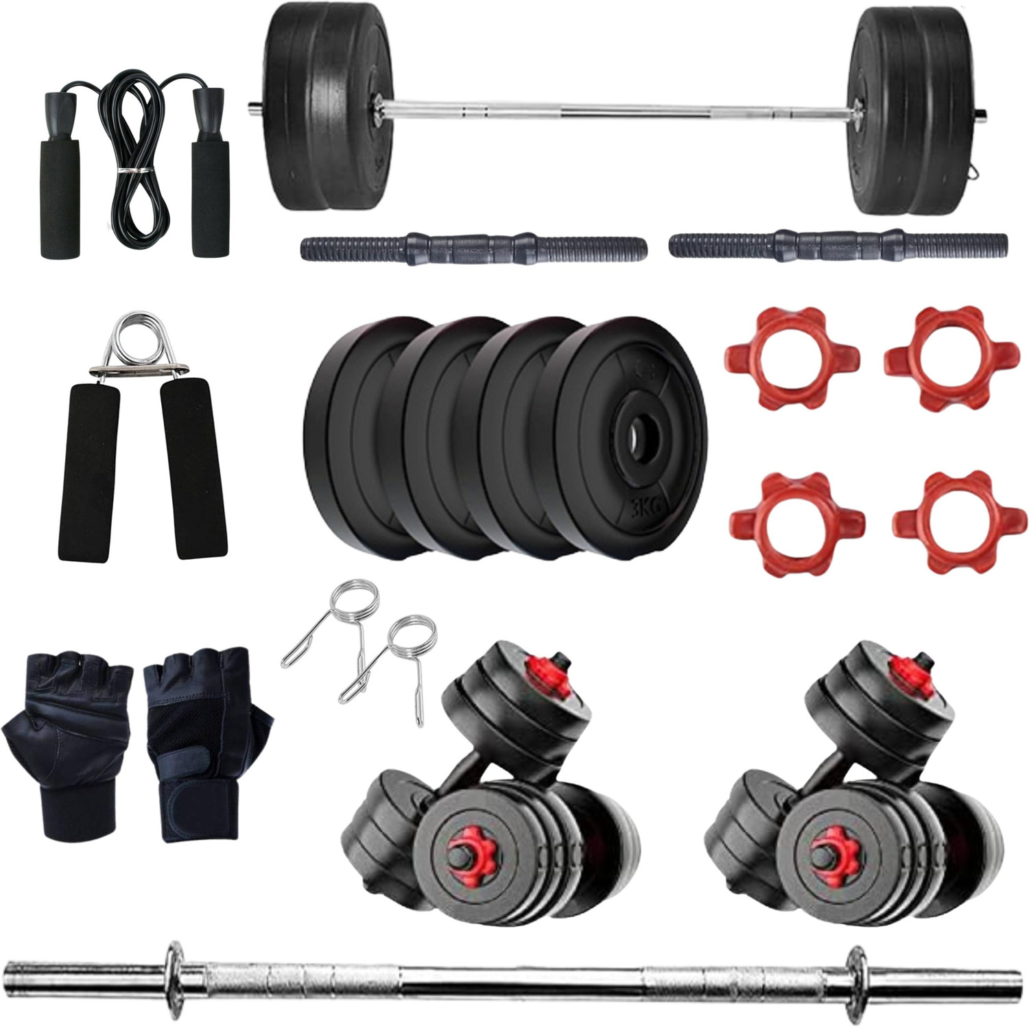 Image of PKN FIT 20KG Dumbbell Combo Kit with 3FT Rod, Skipping Rope & Gloves Fitness Accessory Kit Kit