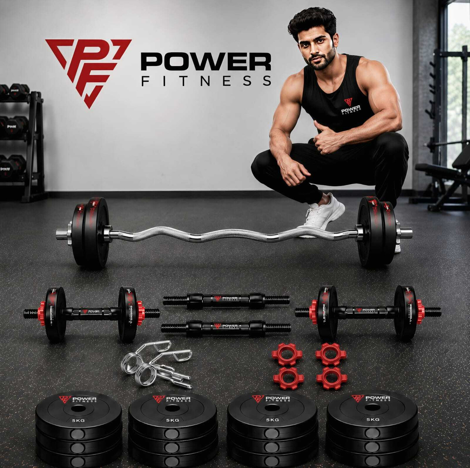 Image of POWER FITNESS 20Kg PVC Dumbbell KIT with dumble rods GYM & FITNESS KIT Fitness Accessory Kit Kit
