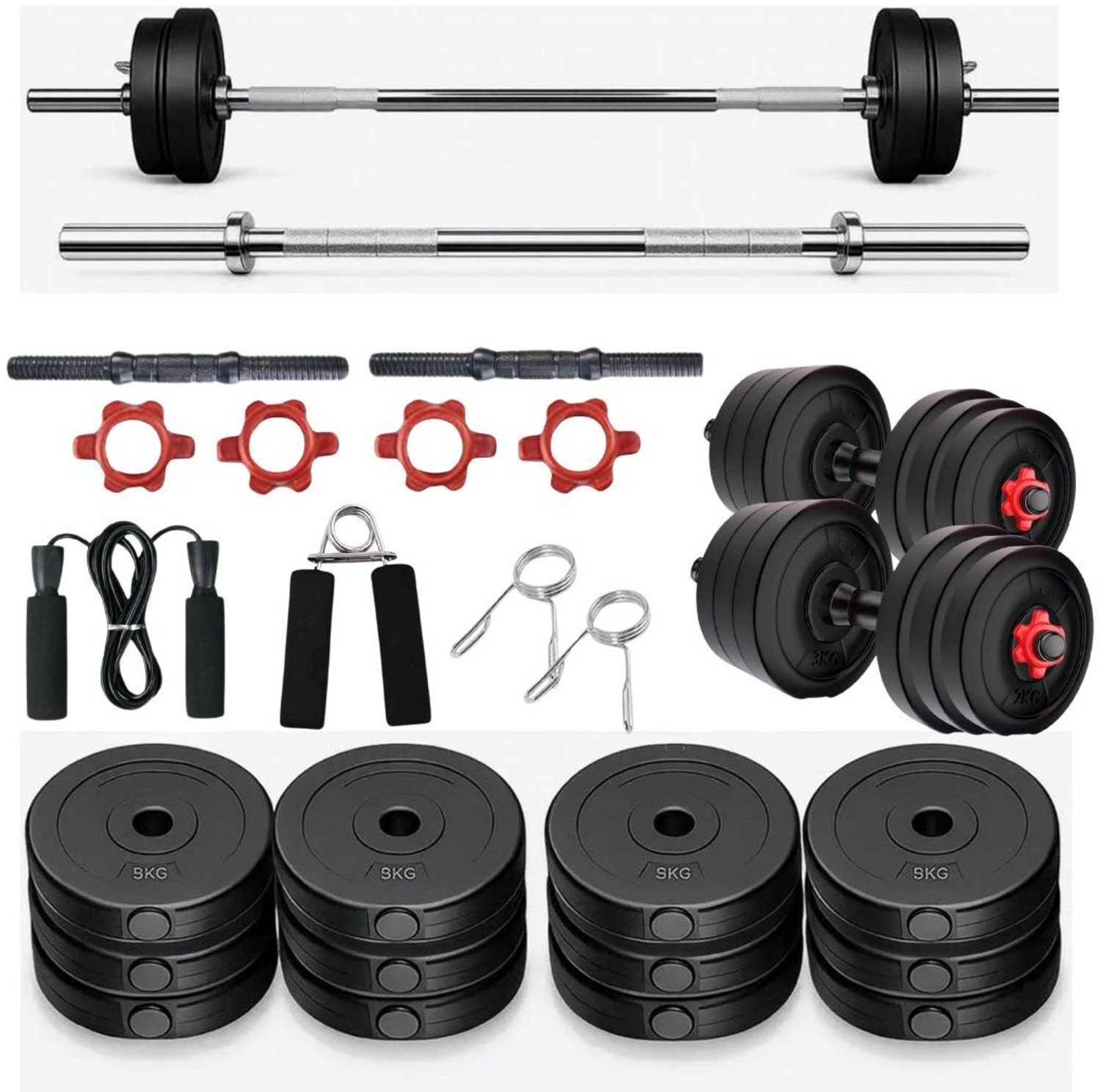 Image of PKN FIT 20KG Dumbbell Combo Kit with 3FT Rod, Skipping Rope & Gloves Fitness Accessory Kit Kit