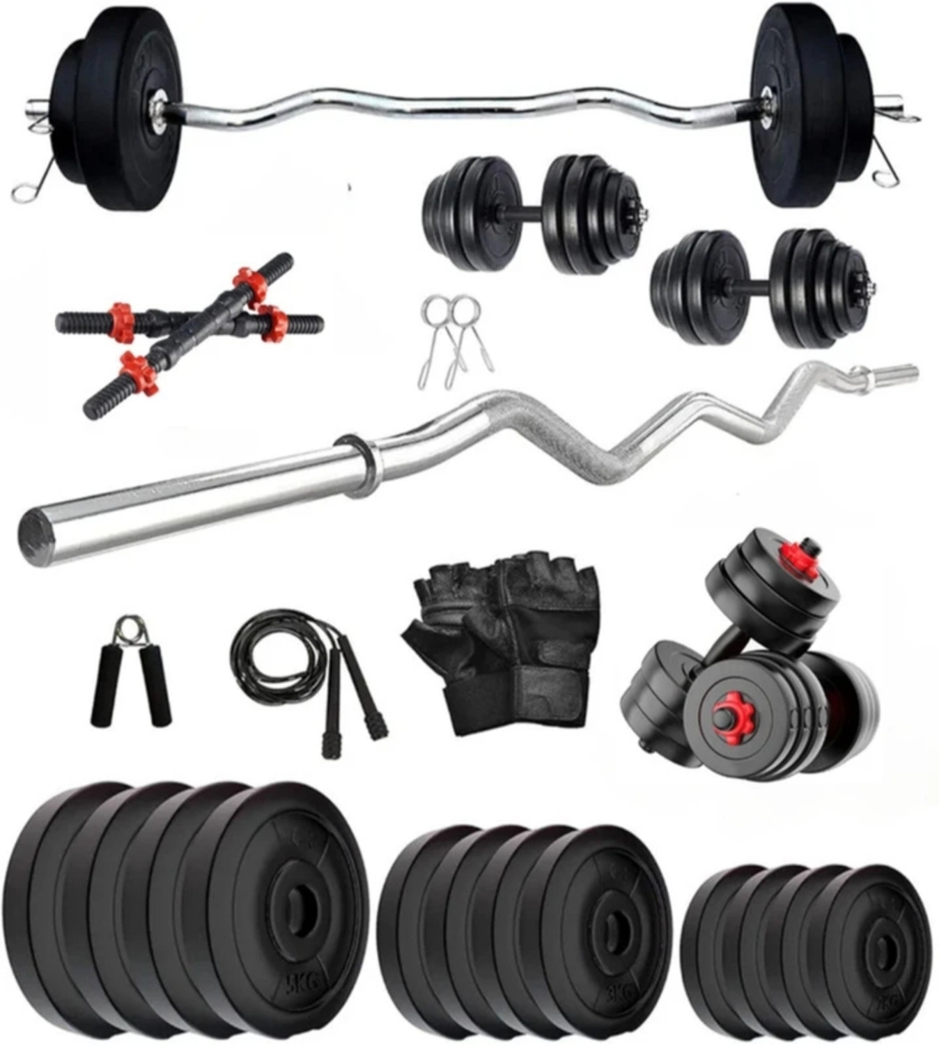 Image of POWER FITNESS 41 kg 40KG PVC Weight Set with Dumbbells Rods, 3ft curl Rod & Acc Gym Home Gym Combo