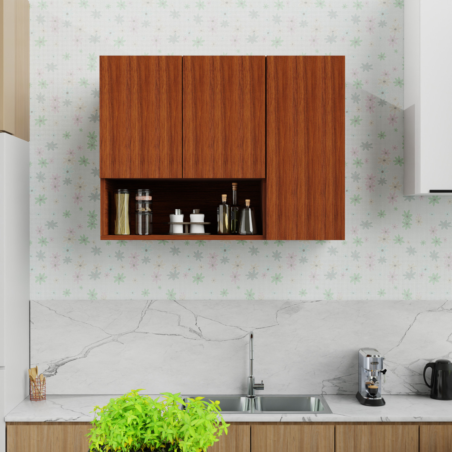 Image of Spyder Craft Wall Mounted Kitchen Cabinet 4 Door with 2 Open Shelves Storage for Home Kitchen Engineered Wood Kitchen Cabinet (Finish Color - Grey, DIY(Do-It-Yourself))
