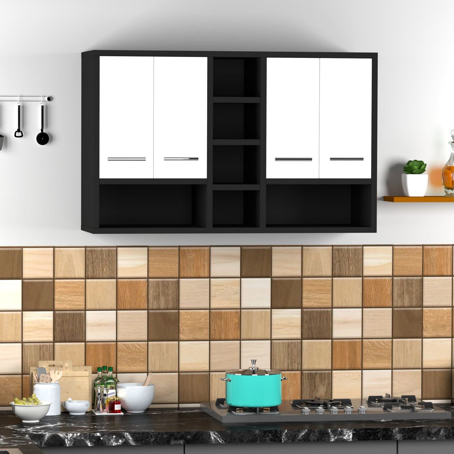 Image of Divysa Kitchen Unit 4 Door Wall Mounted Kitchen Cabinet with Mid 3 Shelf for Kitchen Engineered Wood Kitchen Cabinet (Finish Color - Black & White, DIY(Do-It-Yourself))