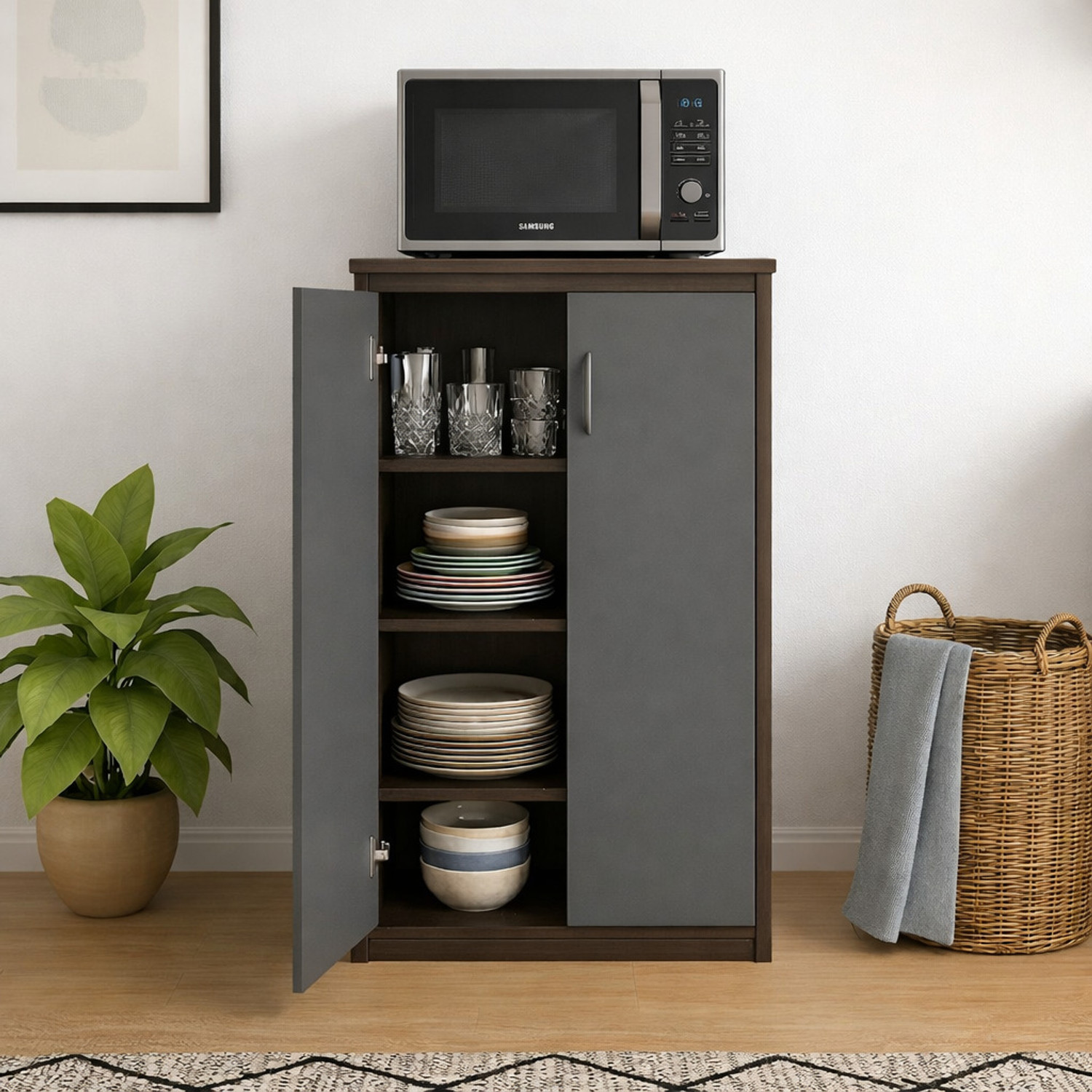 Image of Spyder Craft Wall Mounted Kitchen Cabinet 4 Door with 2 Open Shelves Storage for Home Kitchen Engineered Wood Kitchen Cabinet (Finish Color - Grey, DIY(Do-It-Yourself))