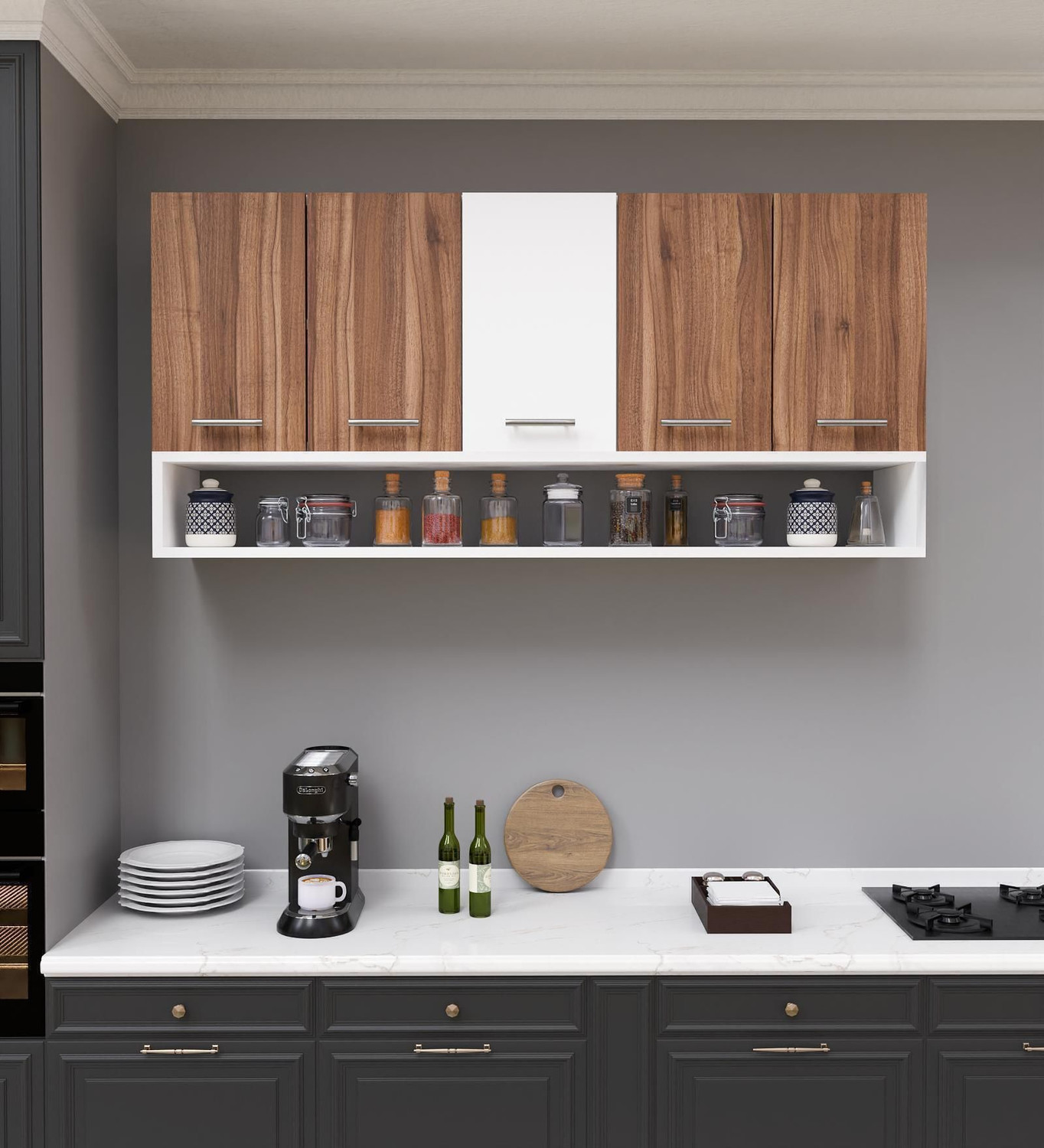 Image of Spyder Craft Wall Mounted Kitchen Cabinet 4 Door with 2 Open Shelves Storage for Home Kitchen Engineered Wood Kitchen Cabinet (Finish Color - Grey, DIY(Do-It-Yourself))