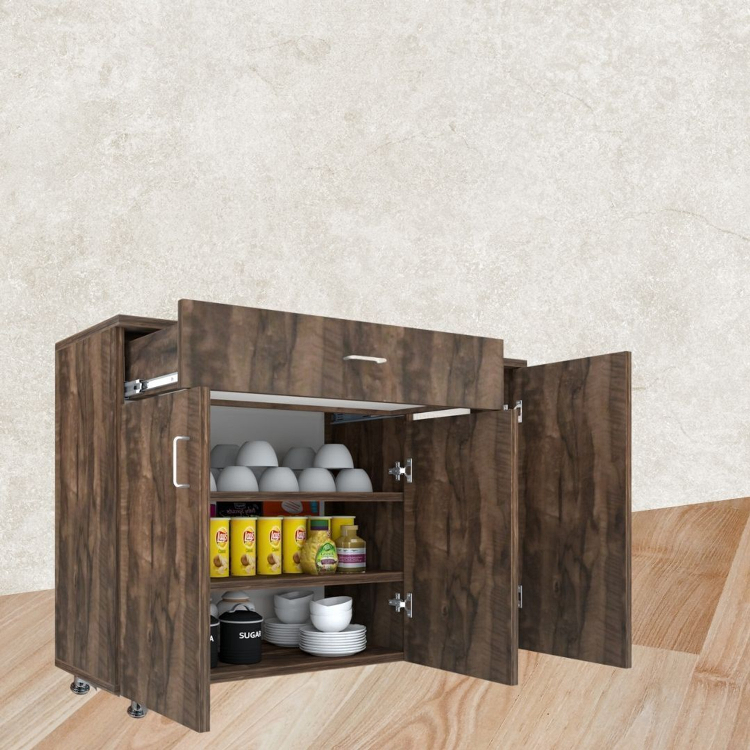 Image of Flipkart Perfect Homes Multipurpose Storage Cabinet with Gold Handles & Countertop Unit Storage Engineered Wood Kitchen Cabinet (Finish Color - Noce Lyon, DIY(Do-It-Yourself))