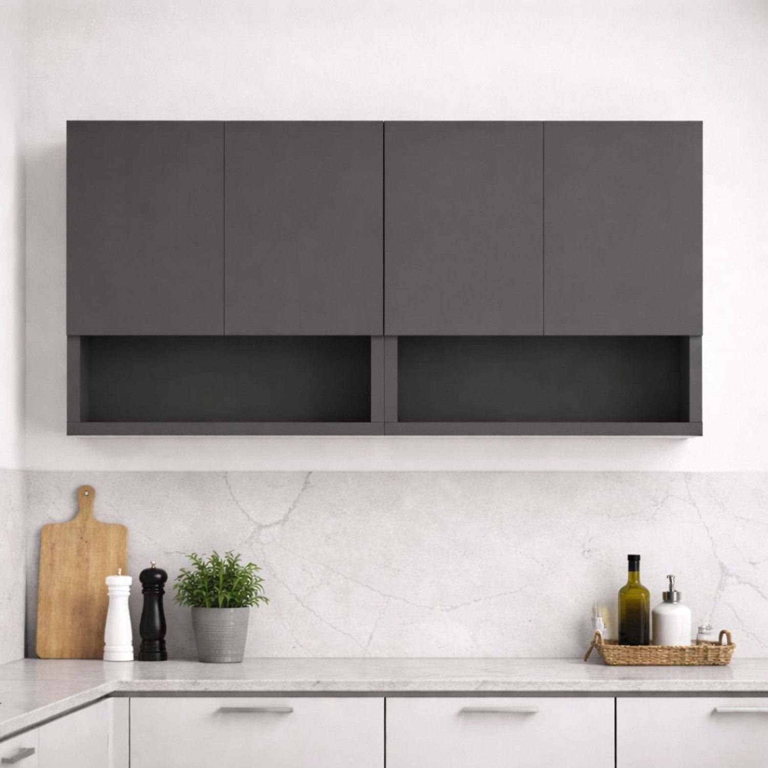 Image of Spyder Craft Wall Mounted Kitchen Cabinet 4 Door with 2 Open Shelves Storage for Home Kitchen Engineered Wood Kitchen Cabinet (Finish Color - Grey, DIY(Do-It-Yourself))